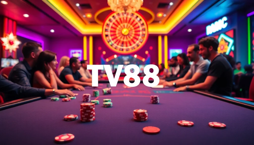 TV88 presents a thrilling poker game at a vibrant casino, showcasing excitement and community in gambling.