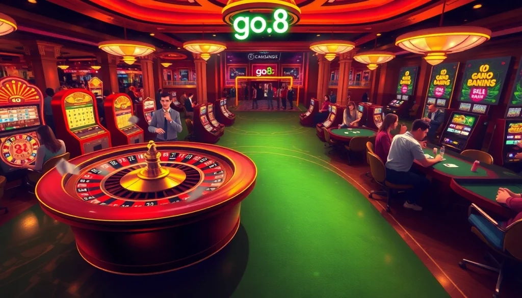 Experience the thrill of casino gaming as go.8 illuminates a bustling roulette scene packed with eager players.
