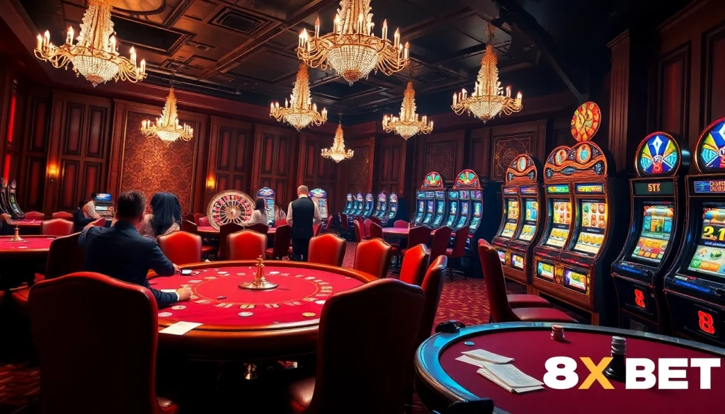 Experience the thrill of 8X BET as players enjoy intense action at poker tables surrounded by slot machines and shimmering roulette wheels.