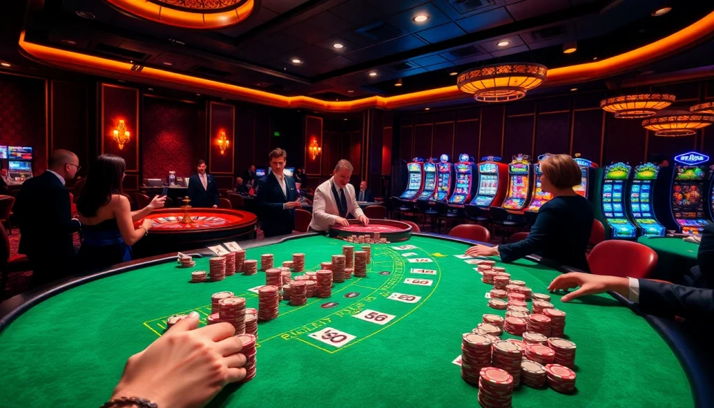 RR88 casino scene featuring excited players at blackjack tables, illuminated roulette wheel, and vibrant slot machines.