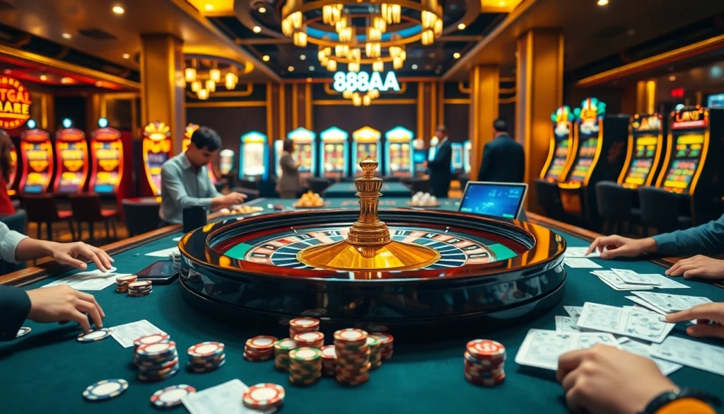 88AA Casino scene with roulette table, poker chips, and vibrant lighting.