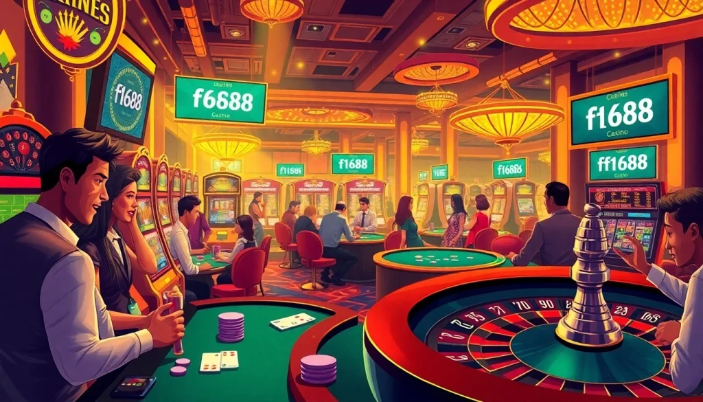 Experience the excitement of f1688 with players engaging in thrilling casino games surrounded by vibrant slots and elegant tables.