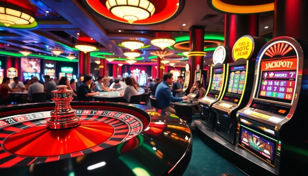 A vibrant casino scene showcasing players at new88 thailand tables, celebrating wins with roulette and slot machines.