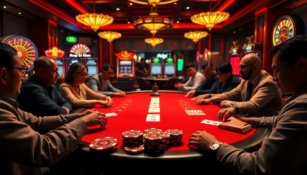 Experience the thrill of gambling at the 88AA poker table, where players strategize for big wins amidst an exciting casino atmosphere.