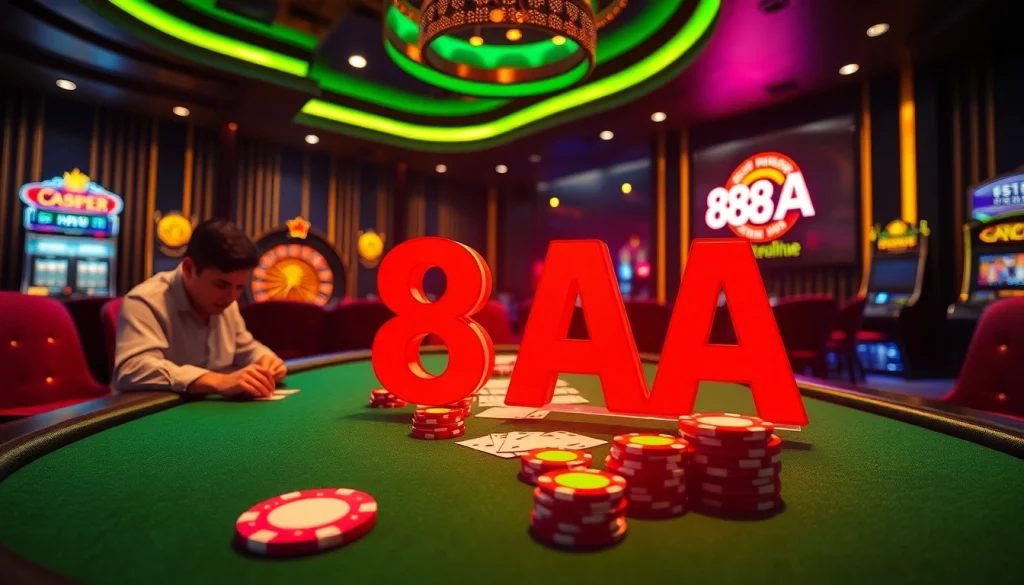 88AA casino scene featuring high-stakes poker players, colorful chips, and vibrant slot machines in an upscale setting.