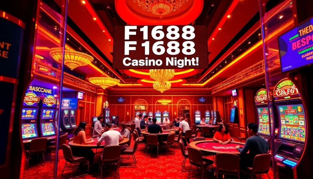Experience the thrill of F1688 Casino Night with vibrant games and eager players enjoying top gambling action.