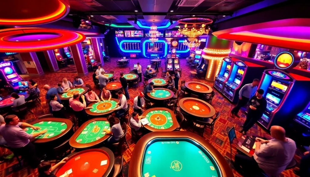 Experience the thrills of qq88.co.com with vibrant tables, exciting players, and neon slot machines in a lively casino atmosphere.
