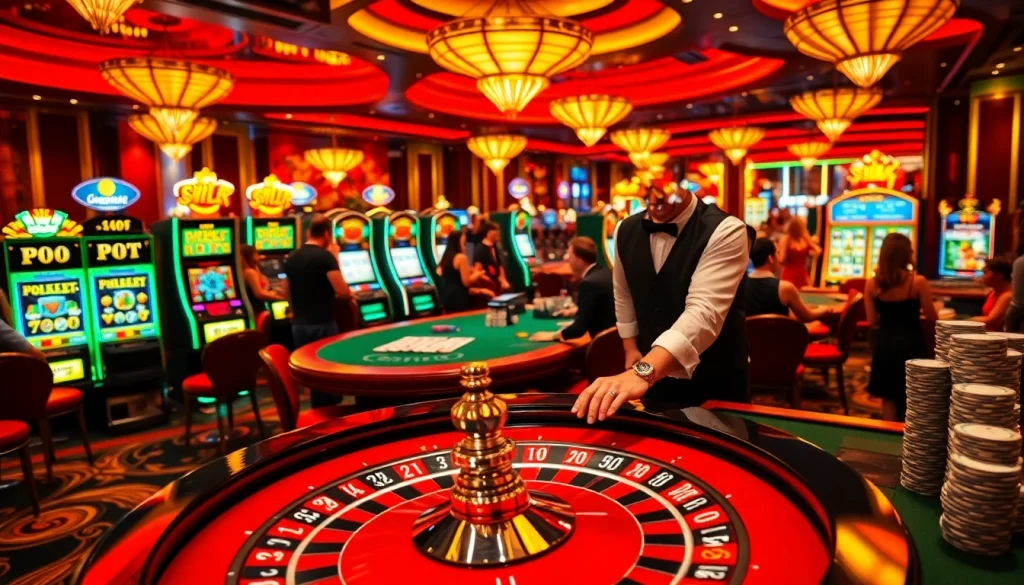 Experience thrilling gameplay at i1dompet with vibrant casino atmosphere, roulette and slot machines.
