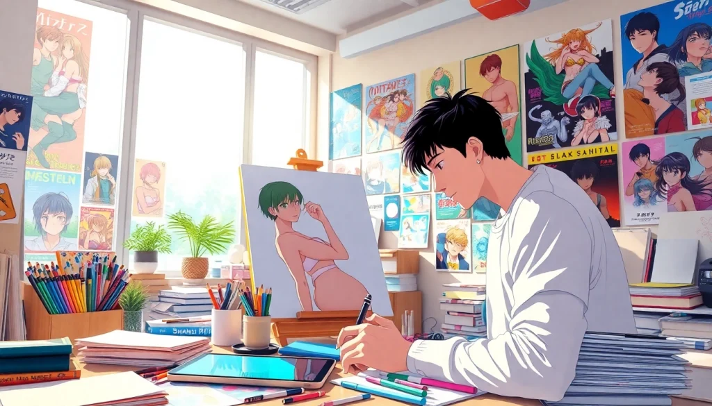 Creating stunning anime sex art in a vibrant anime studio with colorful posters.